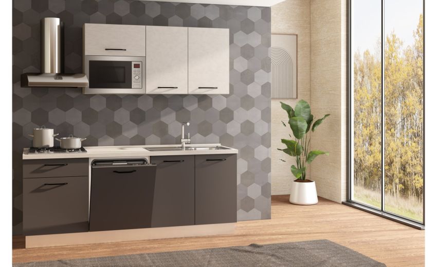 Fast Cucina completa L210 cm Noce/Tortora/Calce con piano cottura a gas-3 elettrodomestici inclusi