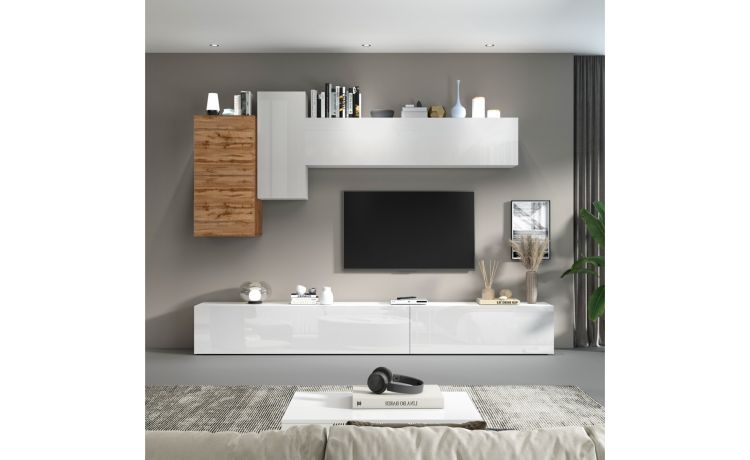 Vasto parete soggiorno colore bianco e rovere L300 cm-Composizione 1-Bianco-Nobilitato-220 cmx300 cm
