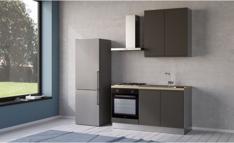 Iris cucina 150 cm colore grigio scuro con forno-2 elettrodomestici, Piano Cottura a GAS-Grigio-Melaminico-240 cmx150 cm