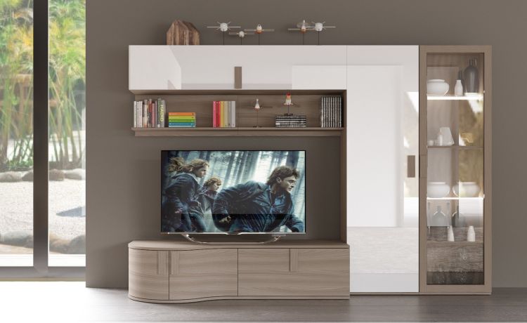 Lisbona parete soggiorno colore olmo e bianco lucido-Larghezza 300, altezza 204-Legno naturale-Pannello-204 cmx300 cm