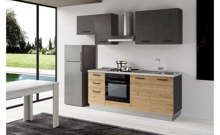 Gilda 2.0 cucina 255 cm colore rovere cadiz e portland -3 elettrodomestici, Piano Cottura a INDUZIONE-Pietra scura-Pannello