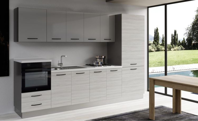 Gilda cucina 315 cm colore frassino ghiaccio e light grey-3 elettrodomestici, frigo da 400 lt-Grigio chiaro-Pannello
