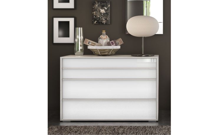Lorena comò 3 cassetti frassino ghiaccio e bianco lucido-In pannello ecologico certificato-Bianco-Pannello ecologico-76 cmx112 cm