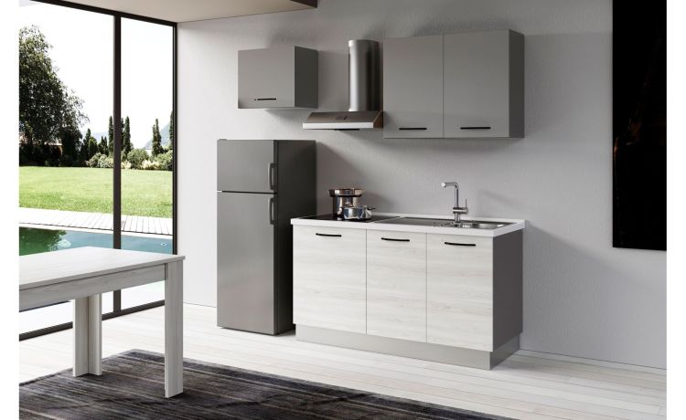 Gilda 2.0 cucina 210 cm colore frassino ghiaccio e light grey -2 elettrodomestici, Piano Cottura a INDUZIONE, frigo da 230 lt-Legno bianco-Pannello