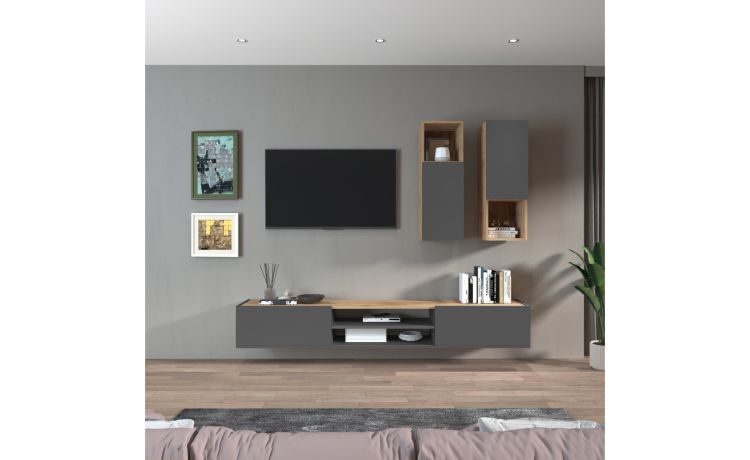 Garda parete soggiorno 2 pensili vetro rovere wotan/antracite L210 cm--Nero-Nobilitato