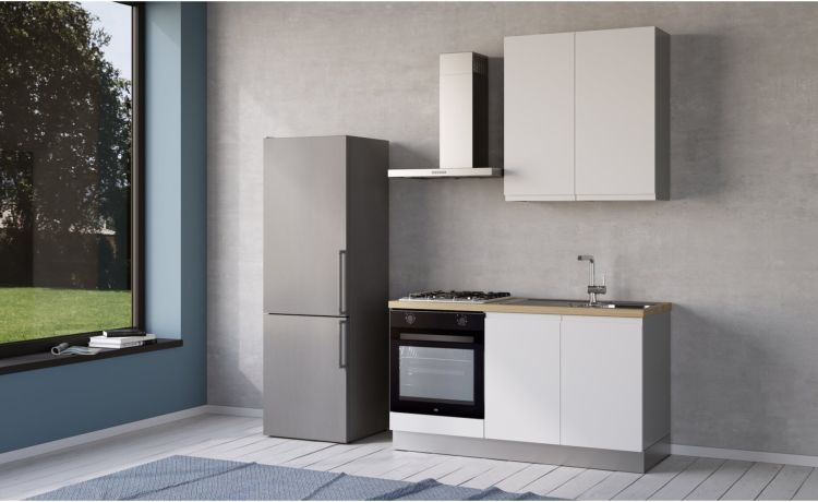 Iris cucina 150 cm colore bianco opaco con forno-2 elettrodomestici, Piano Cottura a GAS-Bianco-Melaminico-240 cmx150 cm
