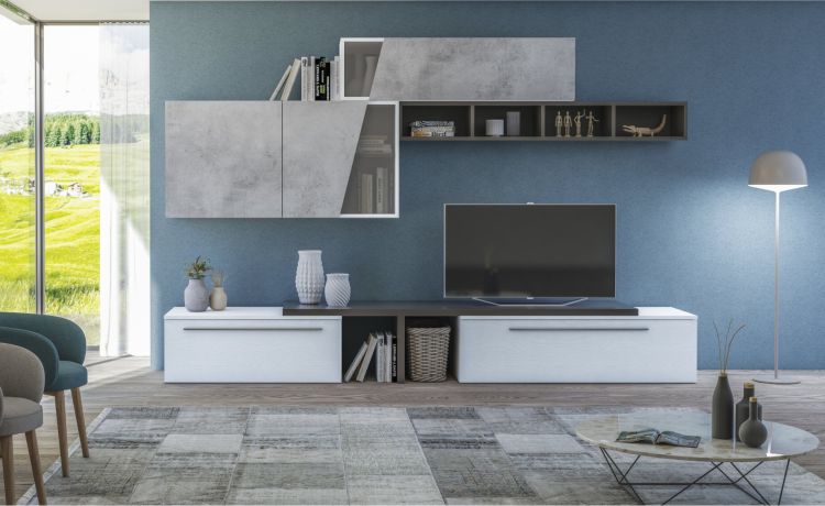 Rio parete soggiorno colore bianco frassino e cemento-Larghezza 270, altezza 195-Legno bianco-Pannello-195 cmx270 cm