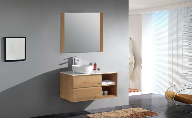 Onda mobile bagno L99 cm sospeso rovere con specchio--Legno