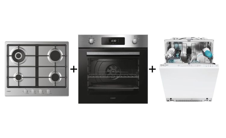 Trittico 60cm Gas Ghisa &#43; Forno Inox &#43; Lavastoviglie Candy-Piano gas 60cm ghisa &#43; forno inox 65L &#43; lavastoviglie 13 coperti
