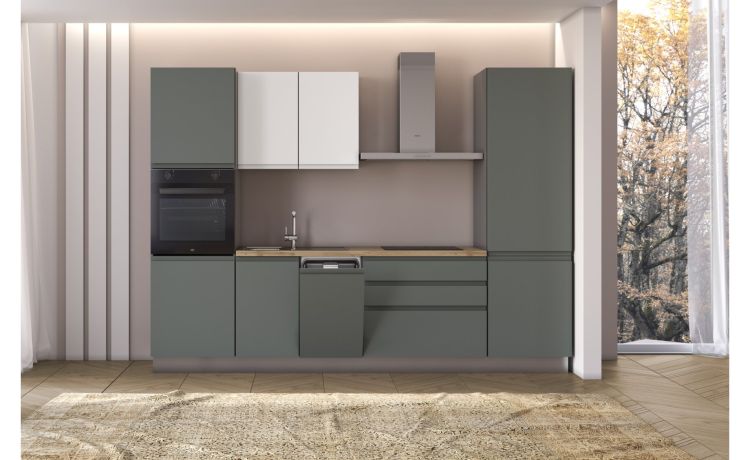 Iris Plus cucina 300 cm con piano a induzione, verde e bianco opaco-4 elettrodomestici-Verde-Melaminico-216 cmx300 cm