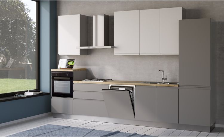 Iris cucina 360 cm colore grigio chiaro e bianco opaco con lavastoviglie-4 elettrodomestici--Melaminico