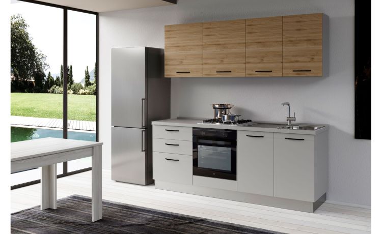 Gilda cucina 270 cm colore light grey e rovere cadiz -3 elettrodomestici, frigo da 320 lt-Grigio chiaro-Pannello