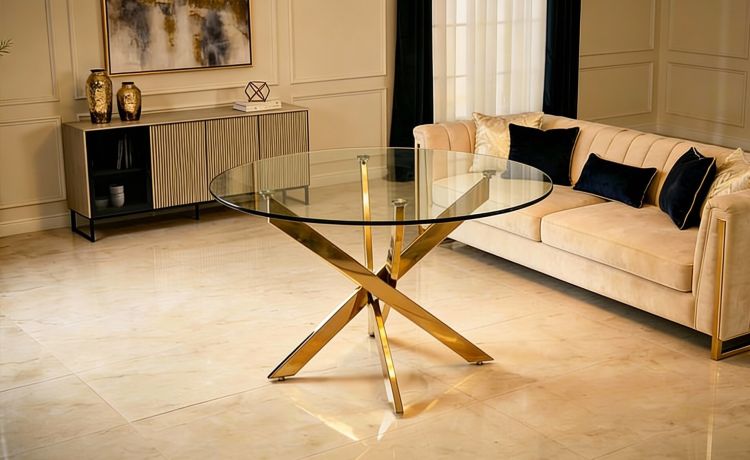 Lounge tavolo fisso tondo oro-Piano in vetro temperato trasparente h10 mm-Oro-Vetro