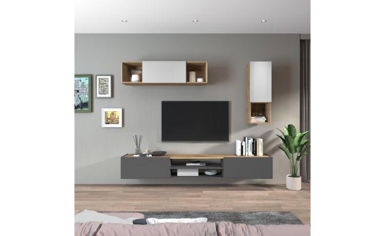 Garda parete soggiorno rovere wotan/antracite/bianco laccato L210 cm--Nero-Nobilitato