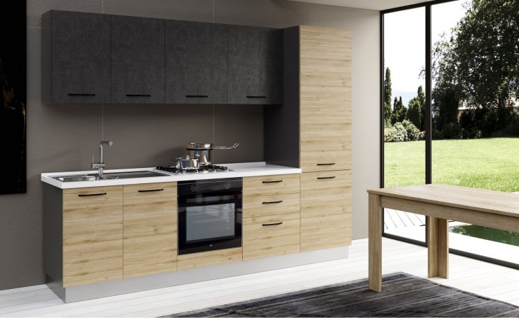 Gilda cucina 270 cm colore rovere cadiz e cemento scuro -3 elettrodomestici, frigo da 320 lt-Legno naturale-Pannello