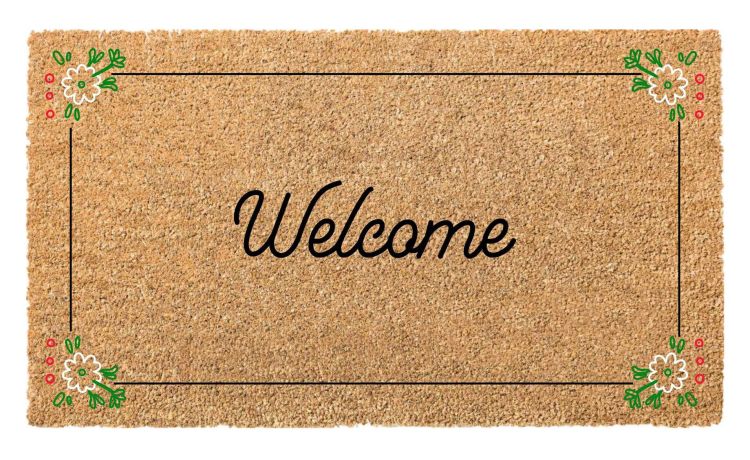 Welcome zerbino con fiori decorativi 40x60 cm--Marrone-Fibra di cocco-40 cmx60 cm