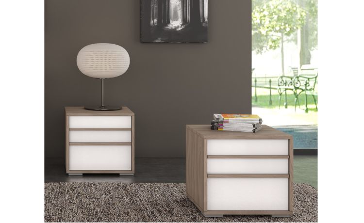 Lorena comodino 2 cassetti olmo e bianco lucido-In pannello ecologico certificato-Bianco-Pannello ecologico-43 cmx51 cm