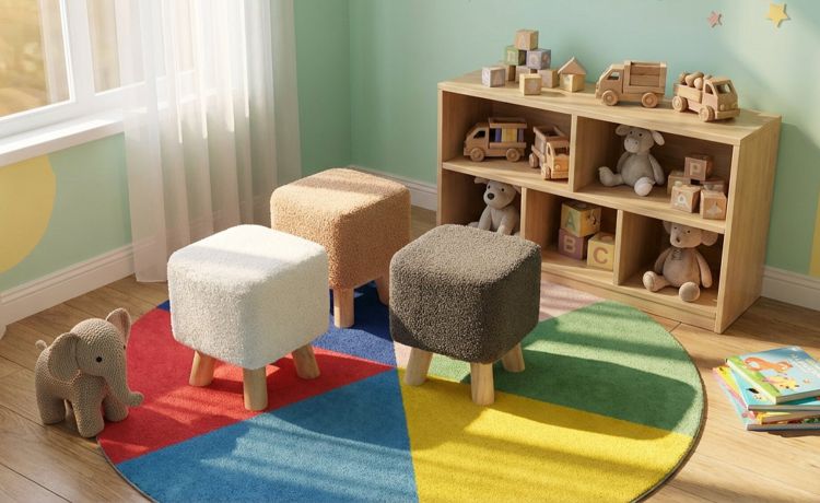 Pouf in tessuto con gambe in legno h26 cm 