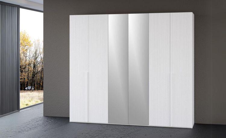 Mia armadio 6 ante battenti bianco frassino con specchi-In pannello nobilitato decorativo -Bianco-Nobilitato-238 cmx240 cm