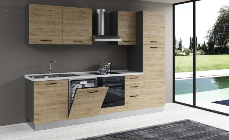 Gilda 2.0 cucina 285 cm colore rovere cadiz -4 elettrodomestici, Piano Cottura a INDUZIONE--Pannello-216 cmx285 cm