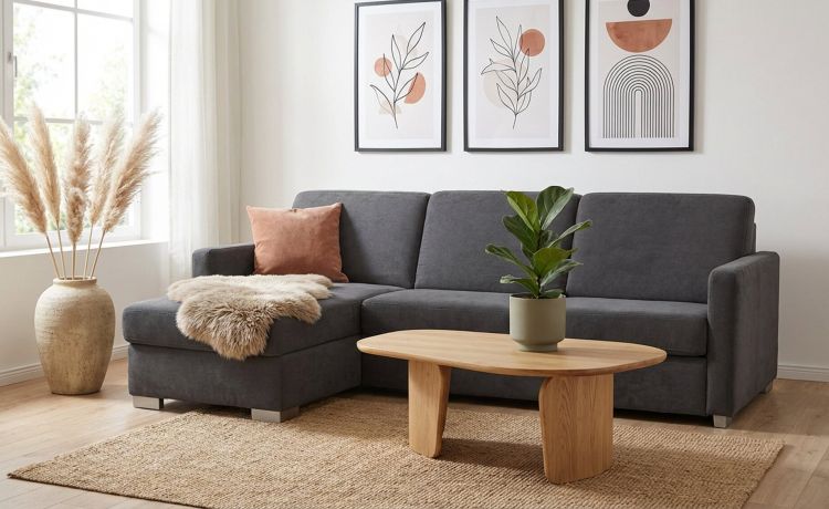 Niside divano letto 3 posti con penisola reversibile in tessuto antracite-Con rete elettrosaldata - Materasso h.12 cm-Antracite-Tessuto-93 cmx256 cm
