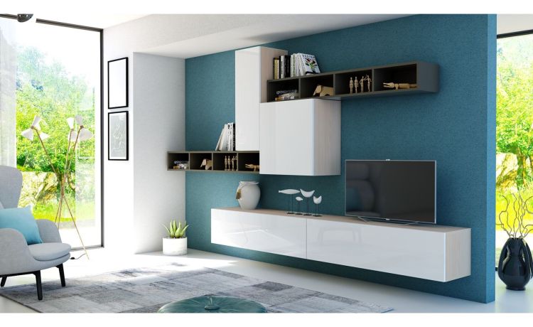 Rio parete soggiorno colore bianco lucido e fango-Larghezza 300, altezza 195-Bianco-Pannello-195 cmx300 cm