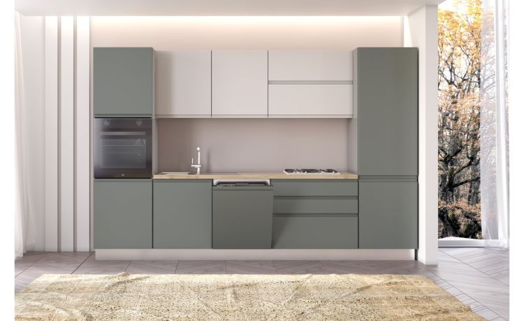Iris Plus cucina 330 cm con piano gas, verde e bianco opaco-4 elettrodomestici-Verde-Melaminico-216 cmx330 cm