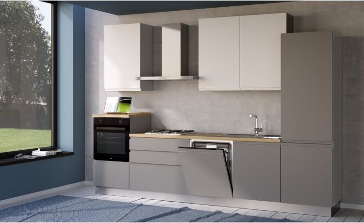 Iris cucina 330 cm colore grigio chiaro e bianco opaco con lavastoviglie-4 elettrodomestici--Melaminico