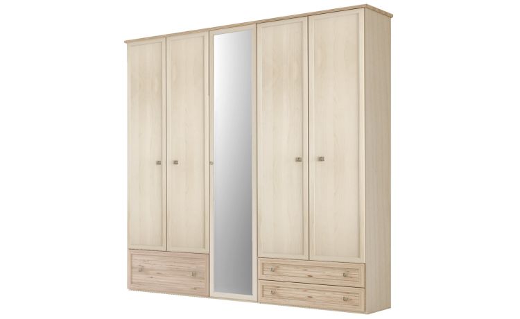Susy armadio 5 ante battenti, cassettone a sinistra, con specchio betulla e legno naturale-In pannello ecologico certificato-Legno naturale-Pannello ecologico-241 cmx216 cm