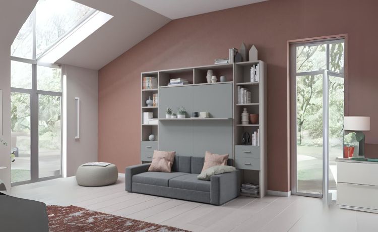 Cabrio letto a scomparsa con divano e mensola colore tiglio e alluminio laccato-L272xH242-Legno naturale-Pannello-Matrimoniale