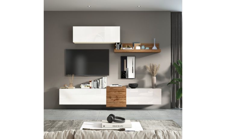 Vasto parete soggiorno colore bianco lucido e rovere L260 cm-Composizione 11-Bianco-Nobilitato-220 cmx260 cm