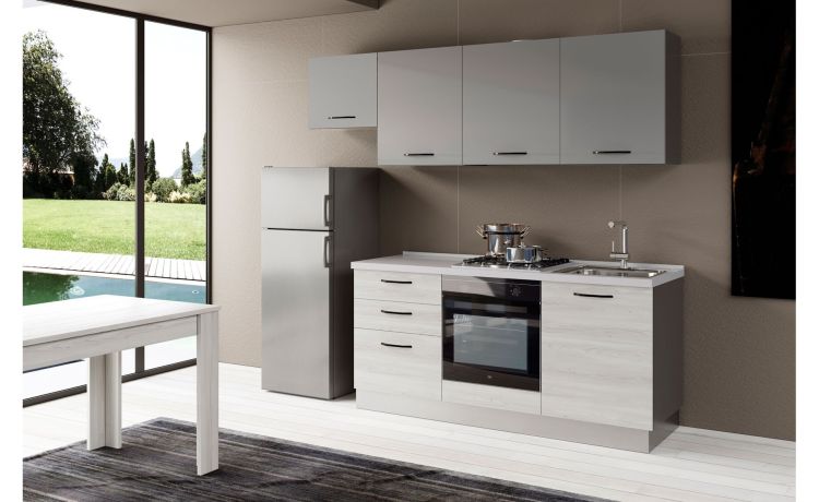 Gilda cucina 240 cm colore frassino ghiaccio e light grey-3 elettrodomestici-Legno bianco-Pannello