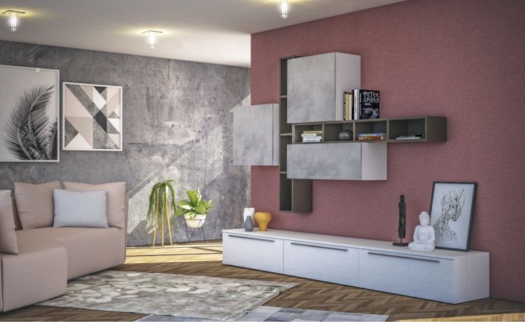 Rio parete soggiorno colore bianco frassino e cemento-Larghezza 270, altezza 195-Legno bianco-Pannello-195 cmx270 cm