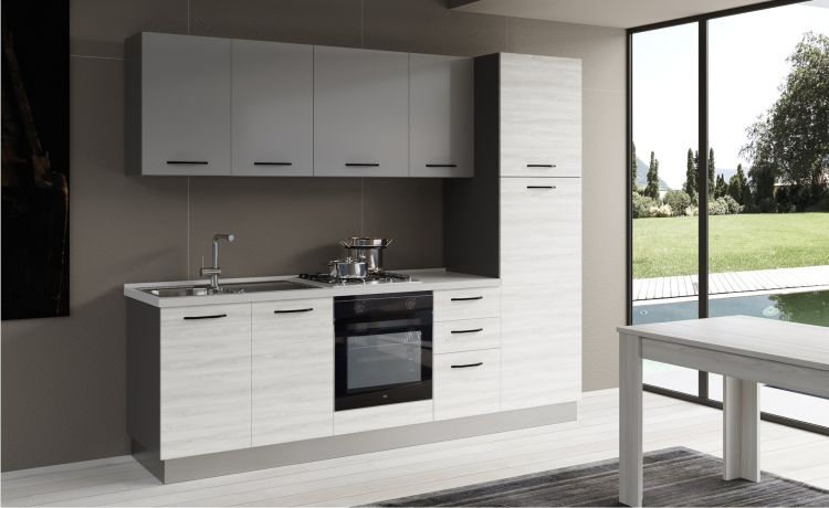 Gilda cucina 255 cm colore frassino ghiaccio e light grey-3 elettrodomestici, frigo da 230 lt-Grigio chiaro-Pannello
