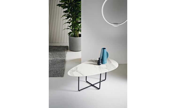 Benny tavolino ellittico bianco in ceramica-effetto marmo bianco statuario lucido-Bianco-Ceramica-35 cmx90 cm