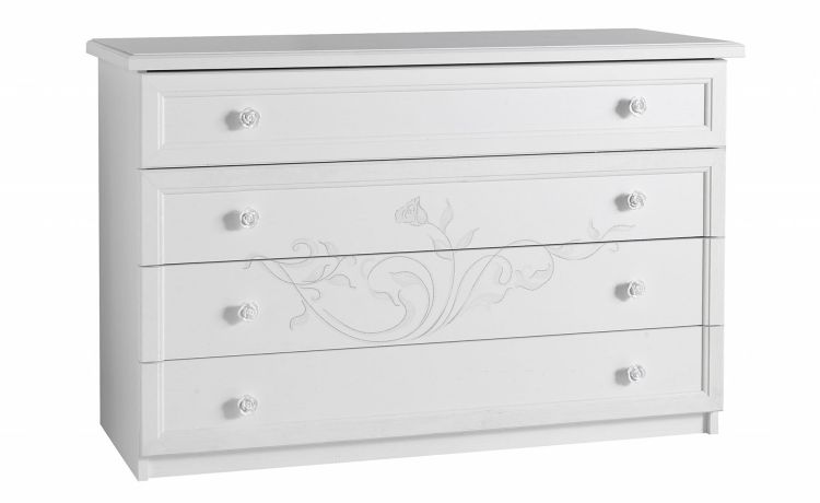Lucrezia como&#039; 4 cassetti bianco con serigrafia-In pannello ecologico certificato-Legno naturale-Pannello ecologico-81 cmx120 cm