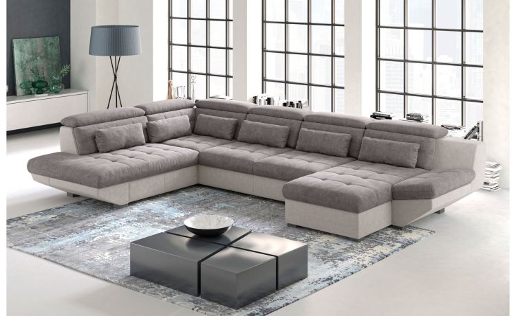 Florida divano componibile doppio angolo in tessuto grigio-Con panchetta relax e contenitore-Grigio-Tessuto-300 x 138 cm
