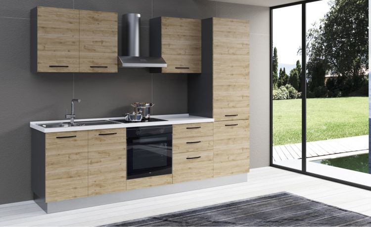 Gilda 2.0 cucina 270 cm colore rovere cadiz -3 elettrodomestici