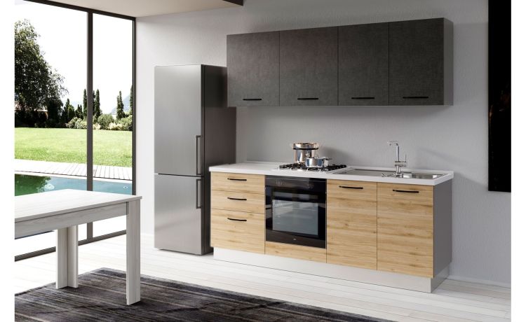 Gilda cucina 270 cm colore rovere cadiz e portland -3 elettrodomestici, frigo da 320 lt-Pietra scura-Pannello