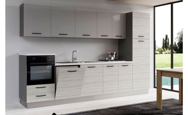 Gilda cucina 330 cm colore frassino ghiaccio e light grey-4 elettrodomestici, frigo da 230 lt-Grigio chiaro-Pannello