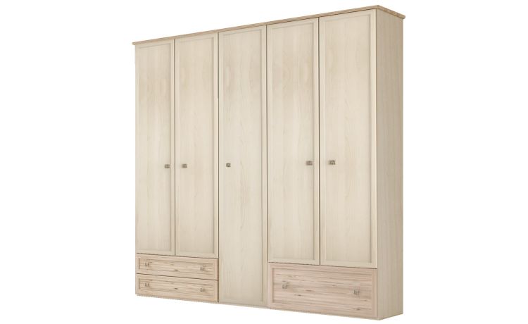 Susy armadio 5 ante battenti, cassettone a destra, betulla e legno naturale-In pannello ecologico certificato-Legno naturale-Pannello ecologico-241 cmx216 cm