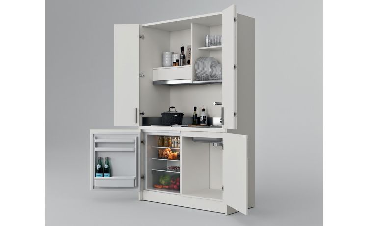 Cabrio cucina a scomparsa bianca con frigo-Monoblocco con piano cottura a induzione e cappa - misura L.125 x P.62 x H.208 cm-Bianco-Pannello ecologico-208 cmx125 cm