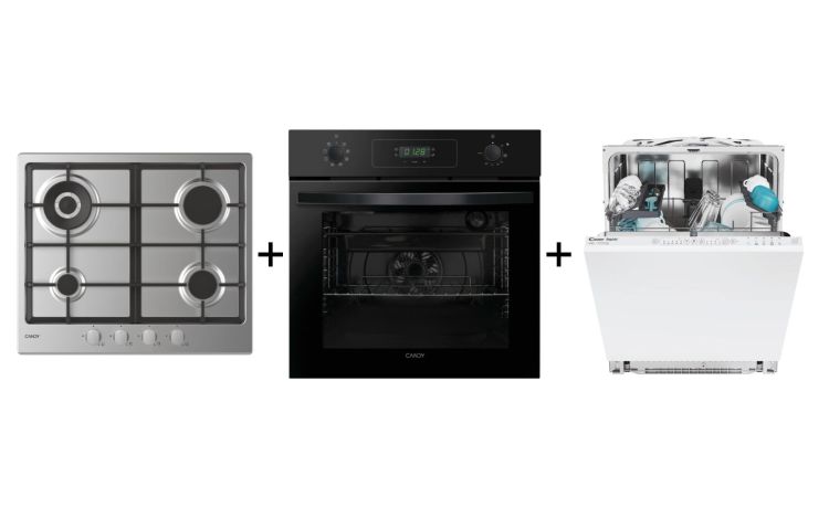 Trittico 60cm Gas Ghisa &#43; Forno Nero &#43; Lavastoviglie Candy-Piano gas 60cm ghisa &#43; forno nero 70L &#43; lavastoviglie 13 coperti