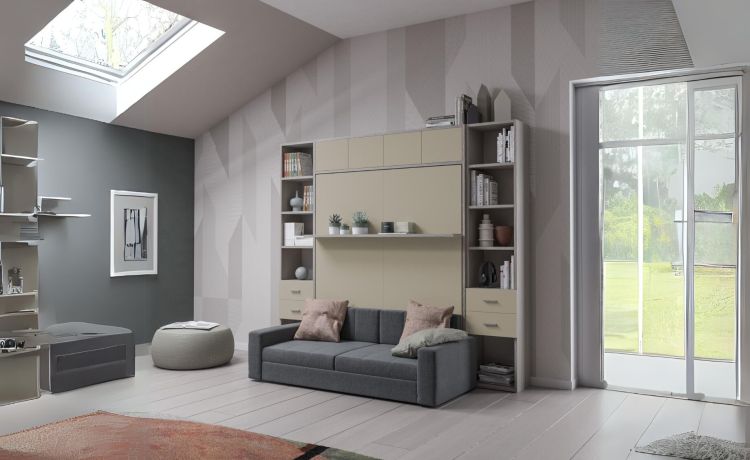 Cabrio letto a scomparsa con divano e mensola colore tiglio e corda-L272xH242-Bianco-Pannello-Matrimoniale