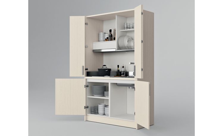 Cabrio cucina a scomparsa betulla-Monoblocco con piano cottura a induzione e cappa - misura L.125 x P.62 x H.208 cm-Legno bianco-Pannello ecologico-208 cmx125 cm