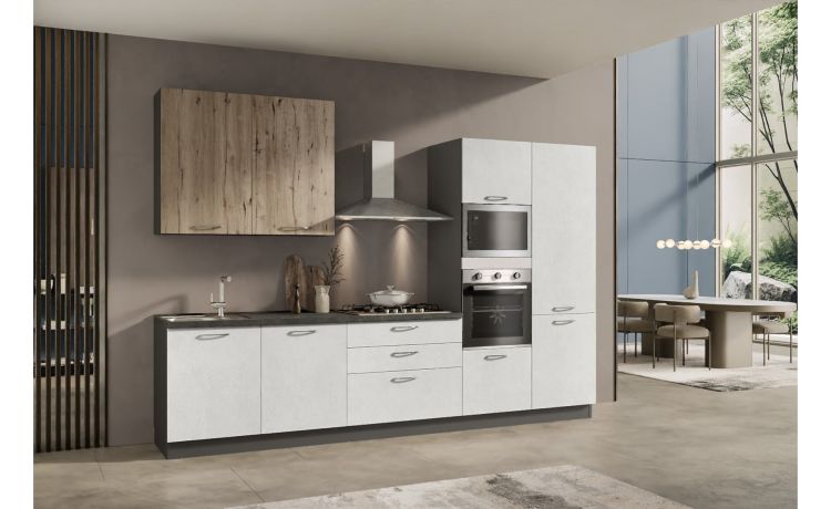 Sally Cucina completa 330 cm Cemento Bianco e Legno Nodato-5 elettrodomestici Teka inclusi