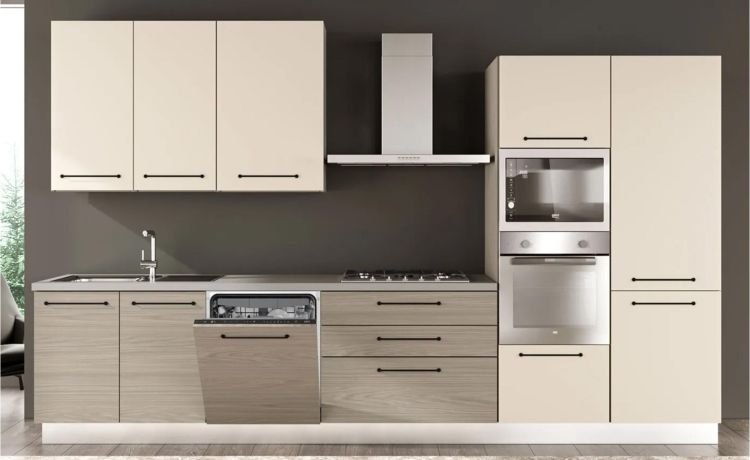 Noa cucina 360 cm colore rovere grigio e grigio angora-5 elettrodomestici-Legno chiaro-Pannello melaminico-240 cmx360 cm