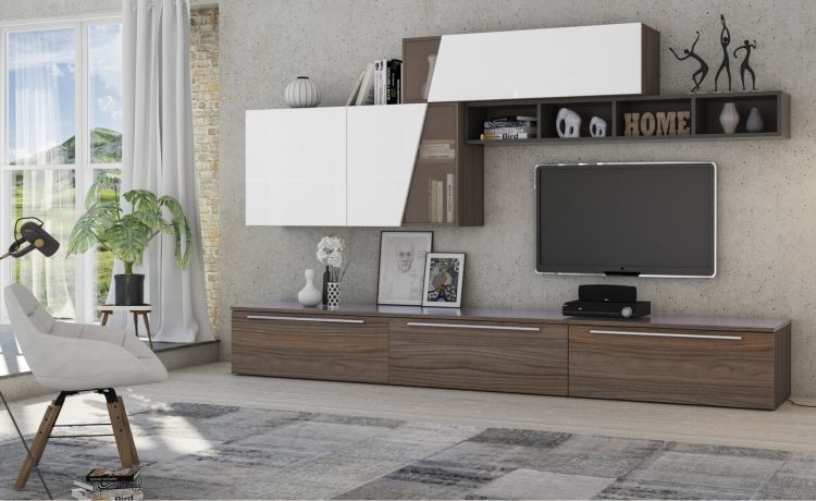 Rio parete soggiorno colore noce e bianco opaco-Larghezza 270, altezza 195-Legno scuro-Pannello-195 cmx270 cm