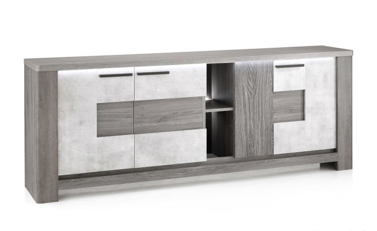 Tallin madia 4 ante legno scuro e pietra naturale-Illuminazione LED inclusa-Legno scuro-Pannello-85 cmx220 cm