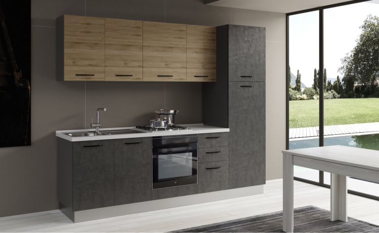 Gilda cucina 255 cm colore cemento scuro e rovere cadiz-3 elettrodomestici, frigo da 230 lt-Legno naturale-Pannello